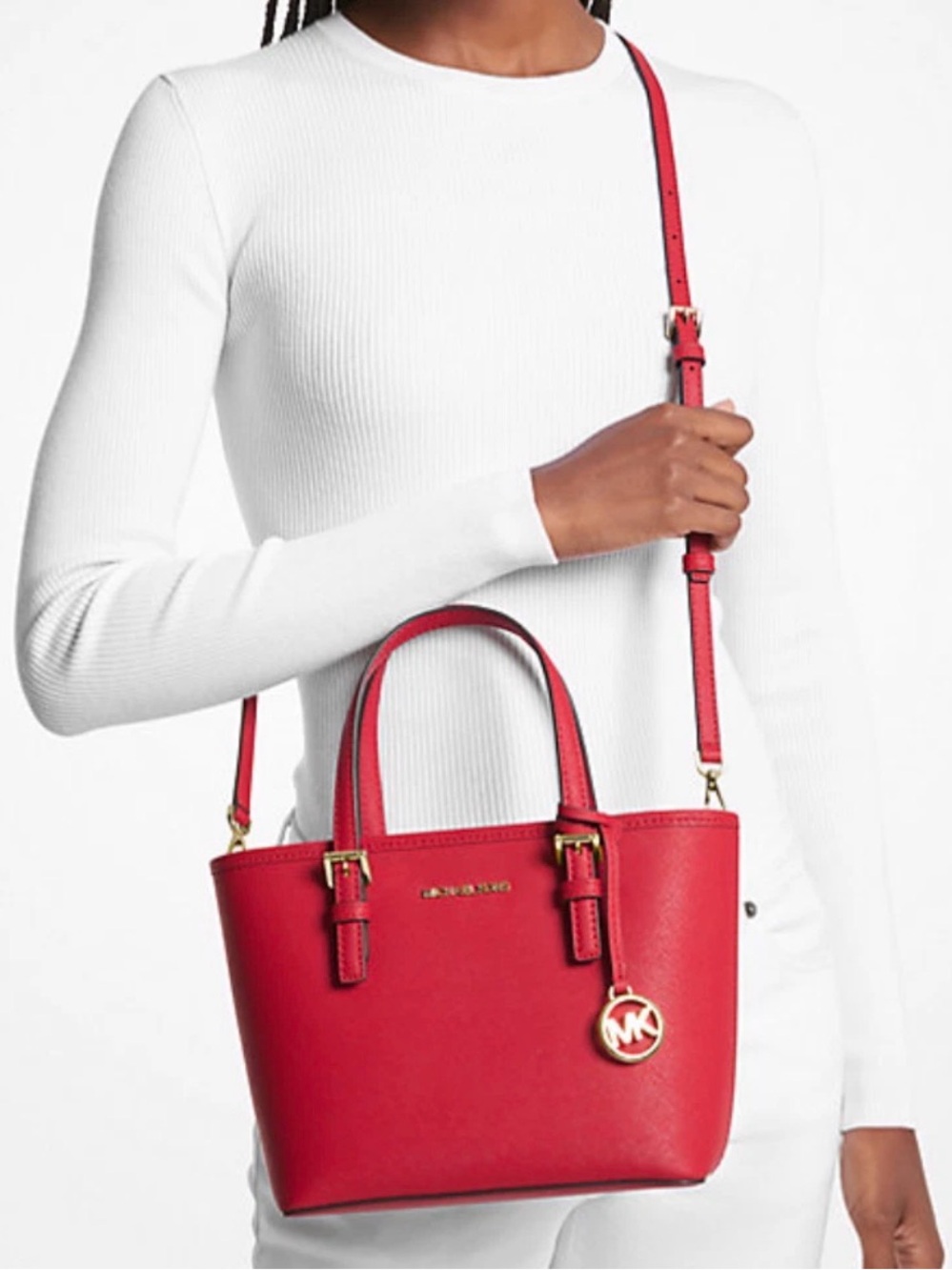 Michael Kors Jet Set Travel Extra Small XS Saffiano Leather Top-Zip Bag Red New